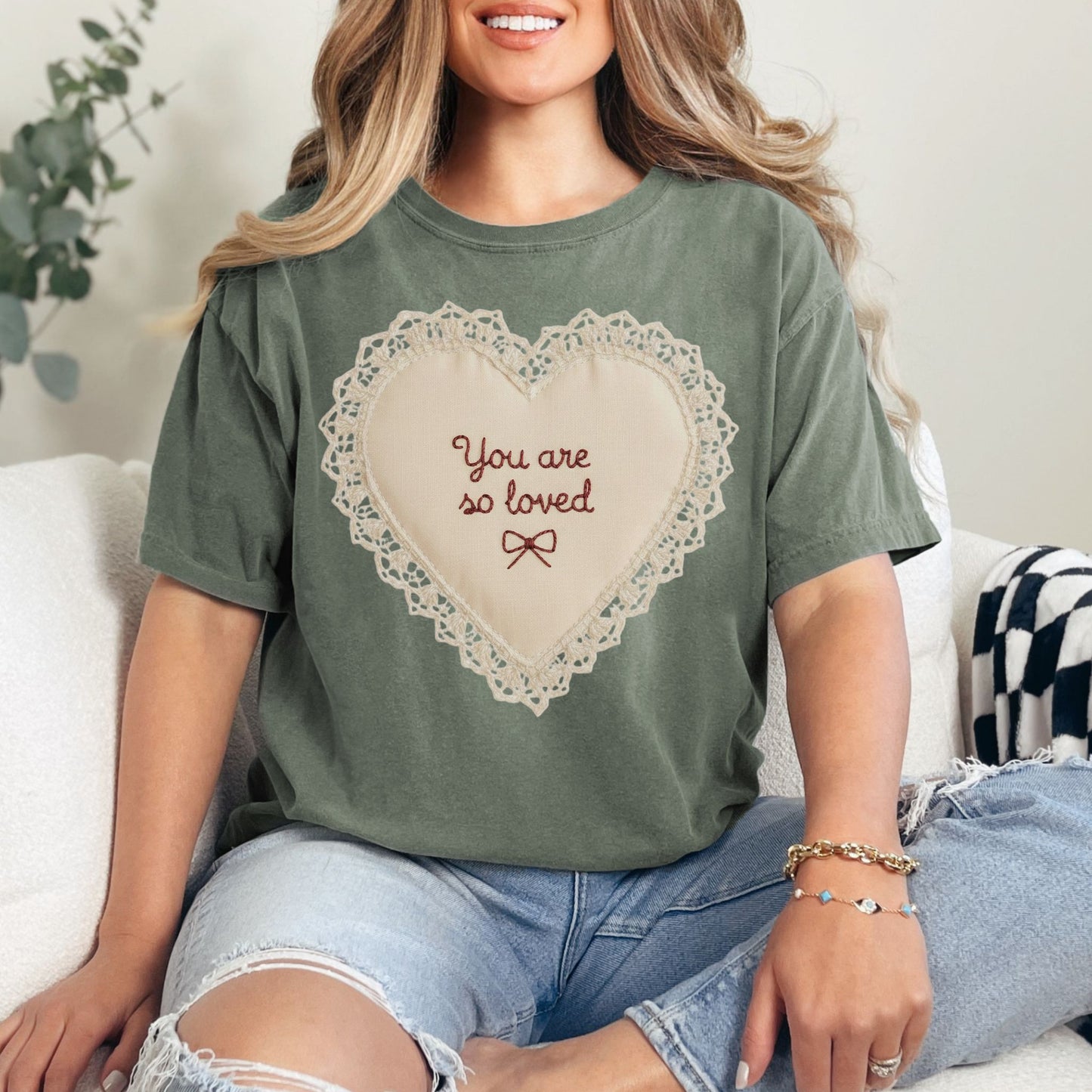 "Faux Embroidery Heart You Are So Loved" graphic on muted earthy green (moss) T-Shirt