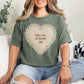 "Faux Embroidery Heart You Are So Loved" graphic on muted earthy green (moss) T-Shirt