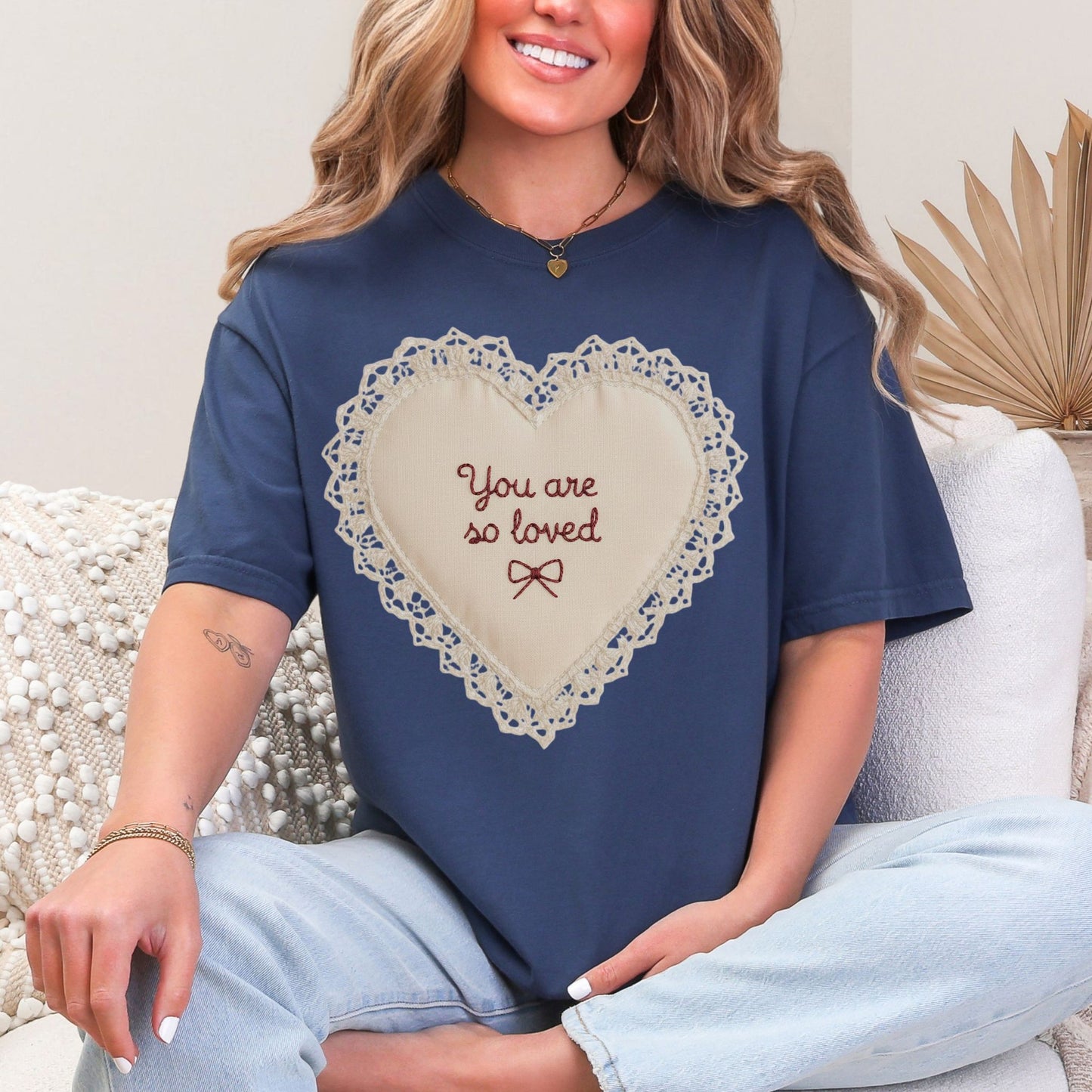 "Faux Embroidery Heart You Are So Loved" graphic on deep navy blue (navy) T-Shirt