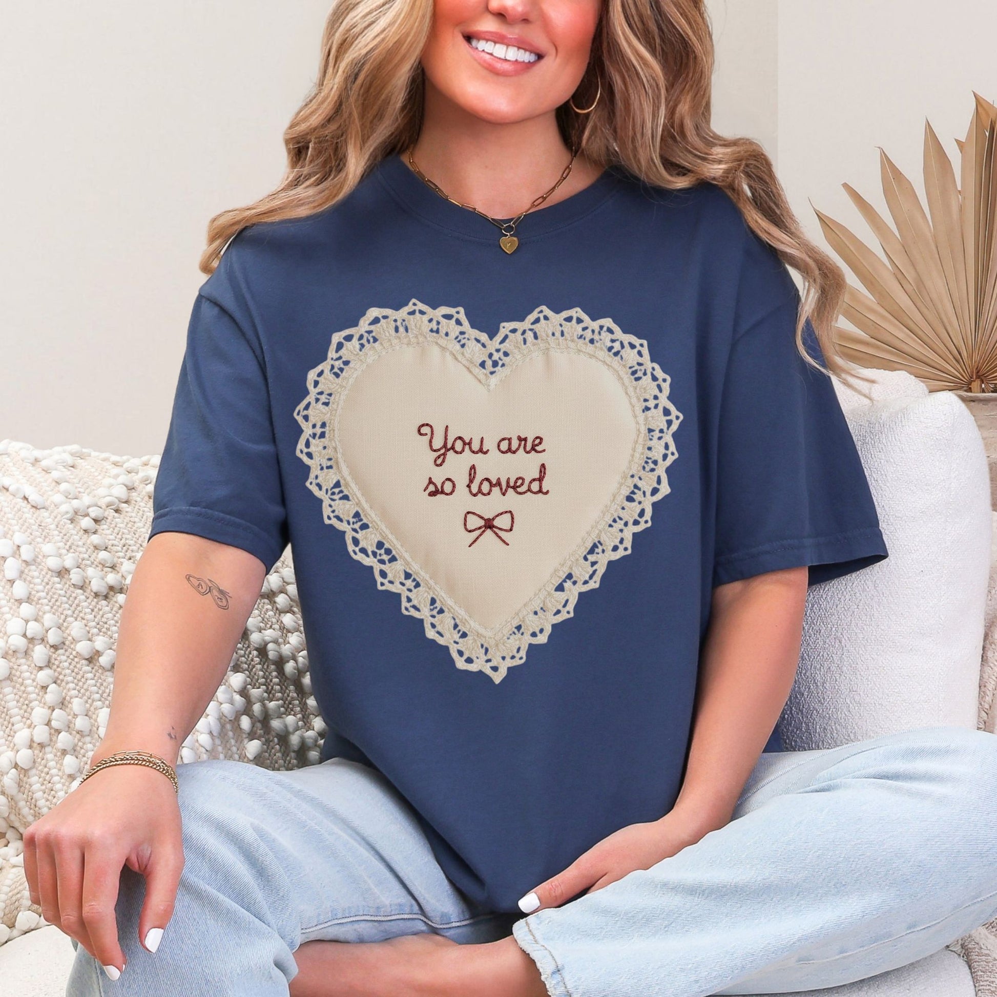 "Faux Embroidery Heart You Are So Loved" graphic on deep navy blue (navy) T-Shirt