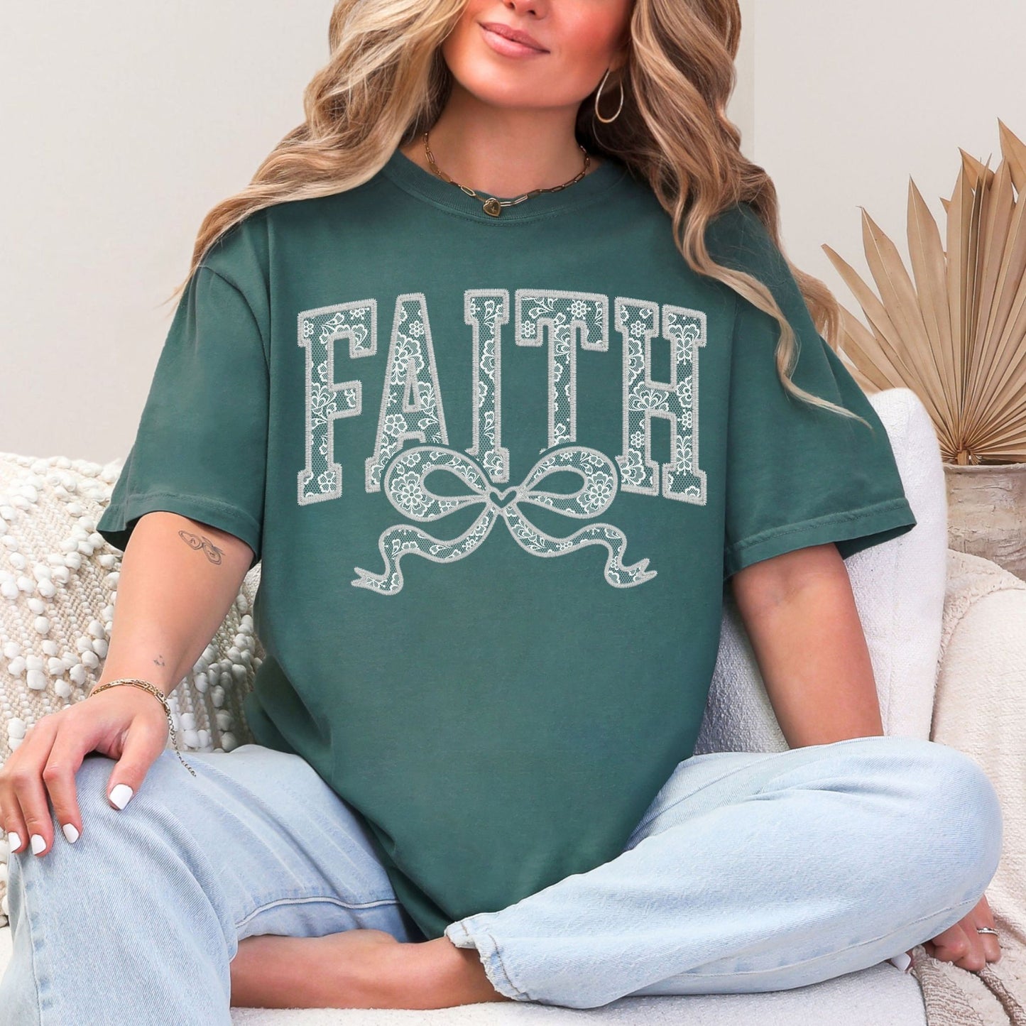 "Faux Embroidery Lace Faith" graphic on muted blue-green (blue spruce) T-Shirt.