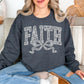 "Faux Embroidery Lace Faith" graphic on medium-dark heather gray (dark heather) Sweatshirt.