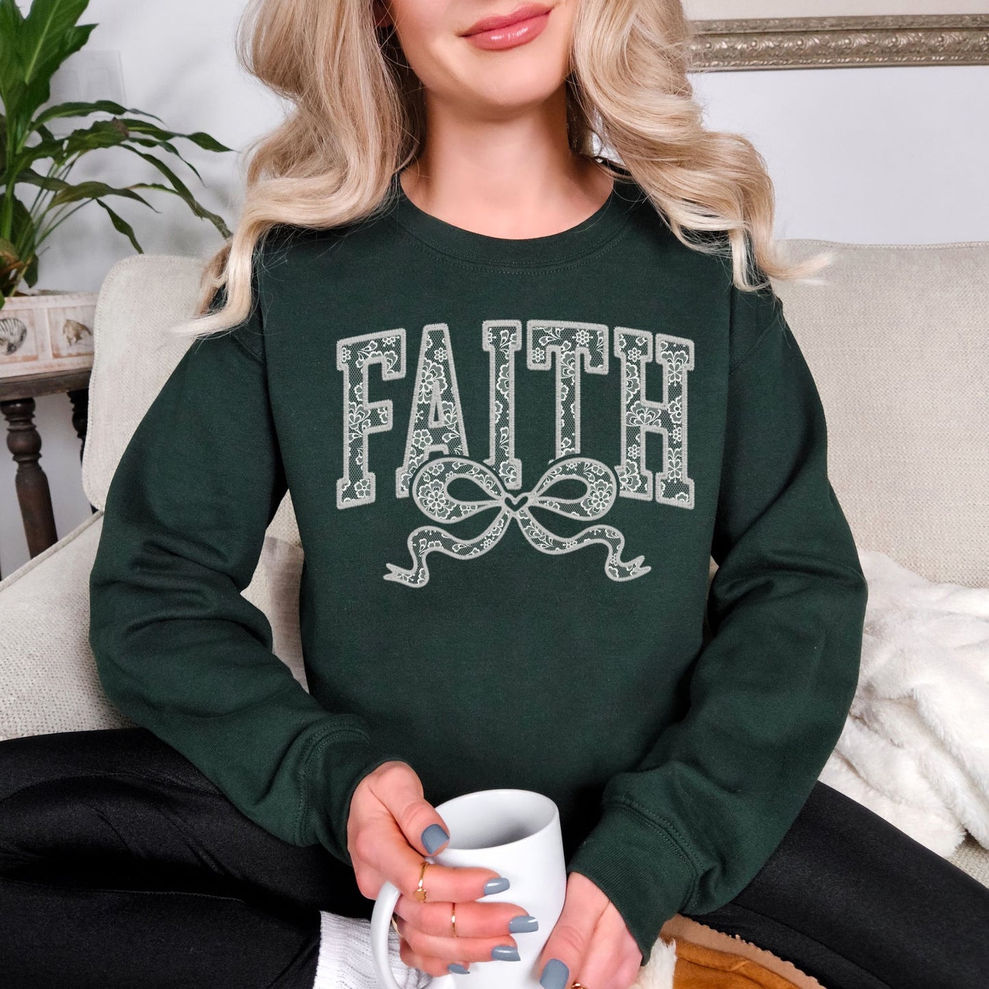 "Faux Embroidery Lace Faith" graphic on deep forest green (forest green) Sweatshirt.