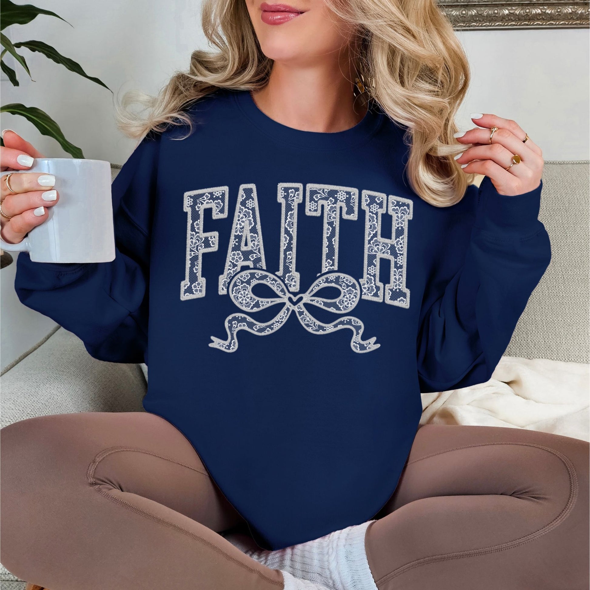 "Faux Embroidery Lace Faith" graphic on deep navy blue (navy) Sweatshirt.