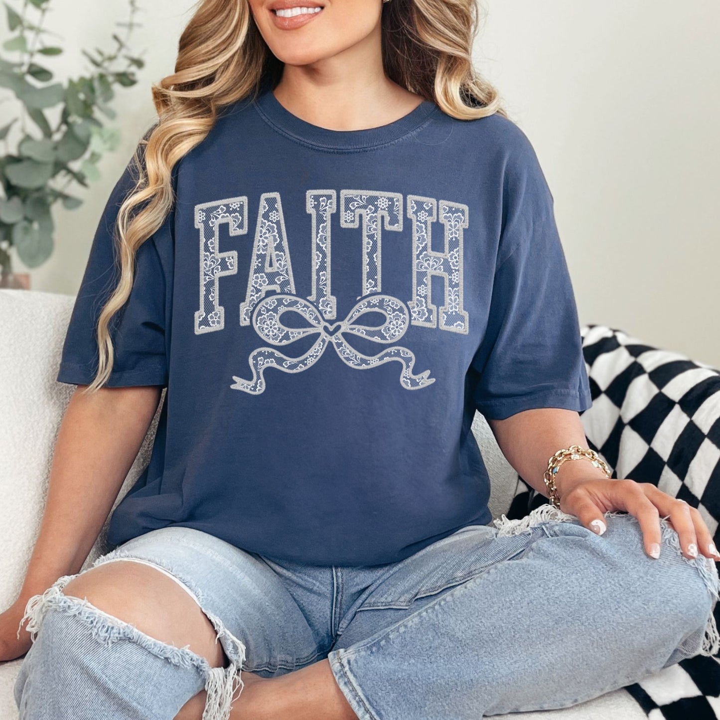 "Faux Embroidery Lace Faith" graphic on deep navy blue (navy) T-Shirt.