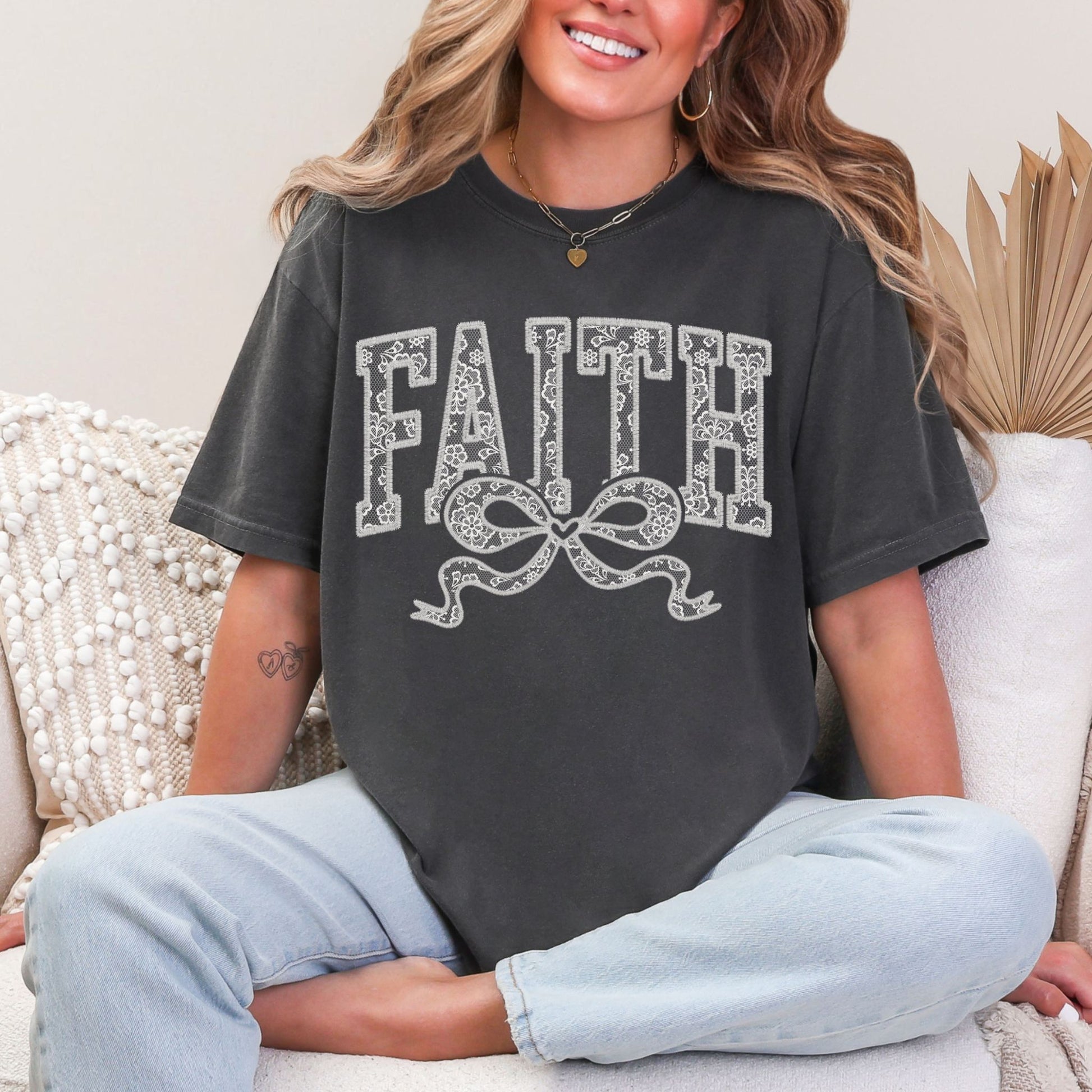 "Faux Embroidery Lace Faith" graphic on dark charcoal gray (pepper) T-Shirt.