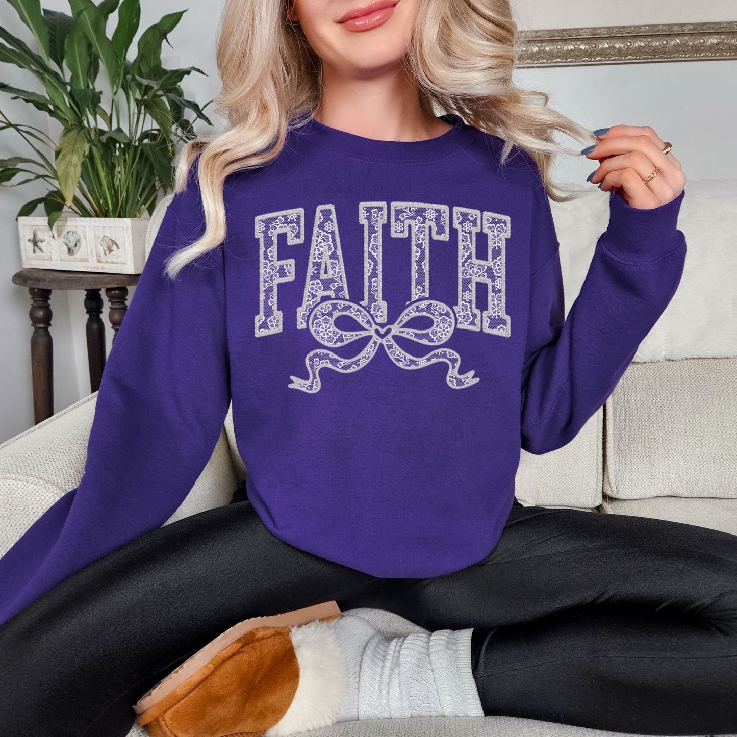 "Faux Embroidery Lace Faith" graphic on medium true purple (purple) Sweatshirt.