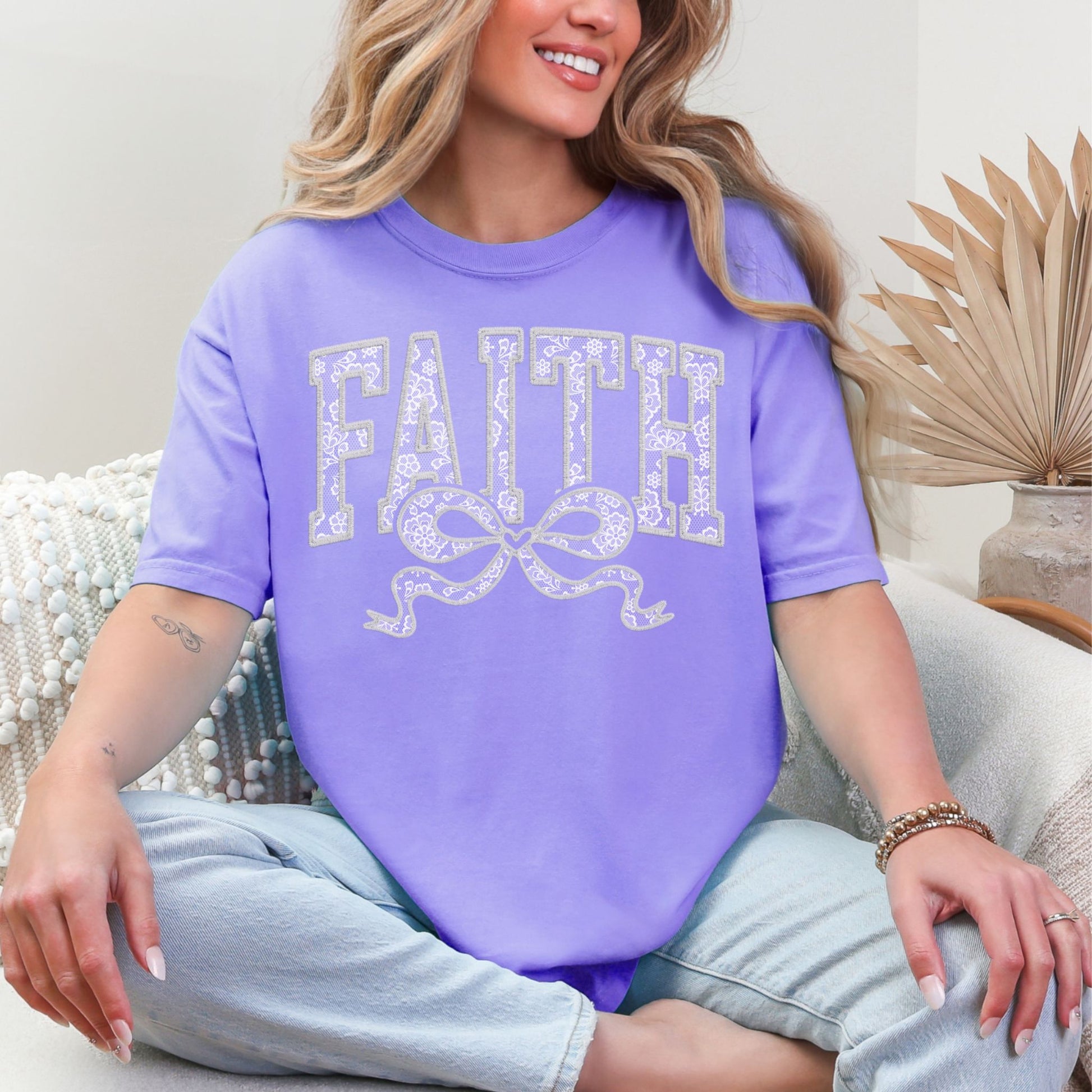 "Faux Embroidery Lace Faith" graphic on soft muted violet purple (violet) T-Shirt.