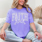 "Faux Embroidery Lace Faith" graphic on soft muted violet purple (violet) T-Shirt.