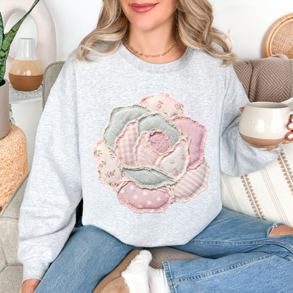 "Faux Patchwork Rose" graphic on very light gray (ash) Sweatshirt.