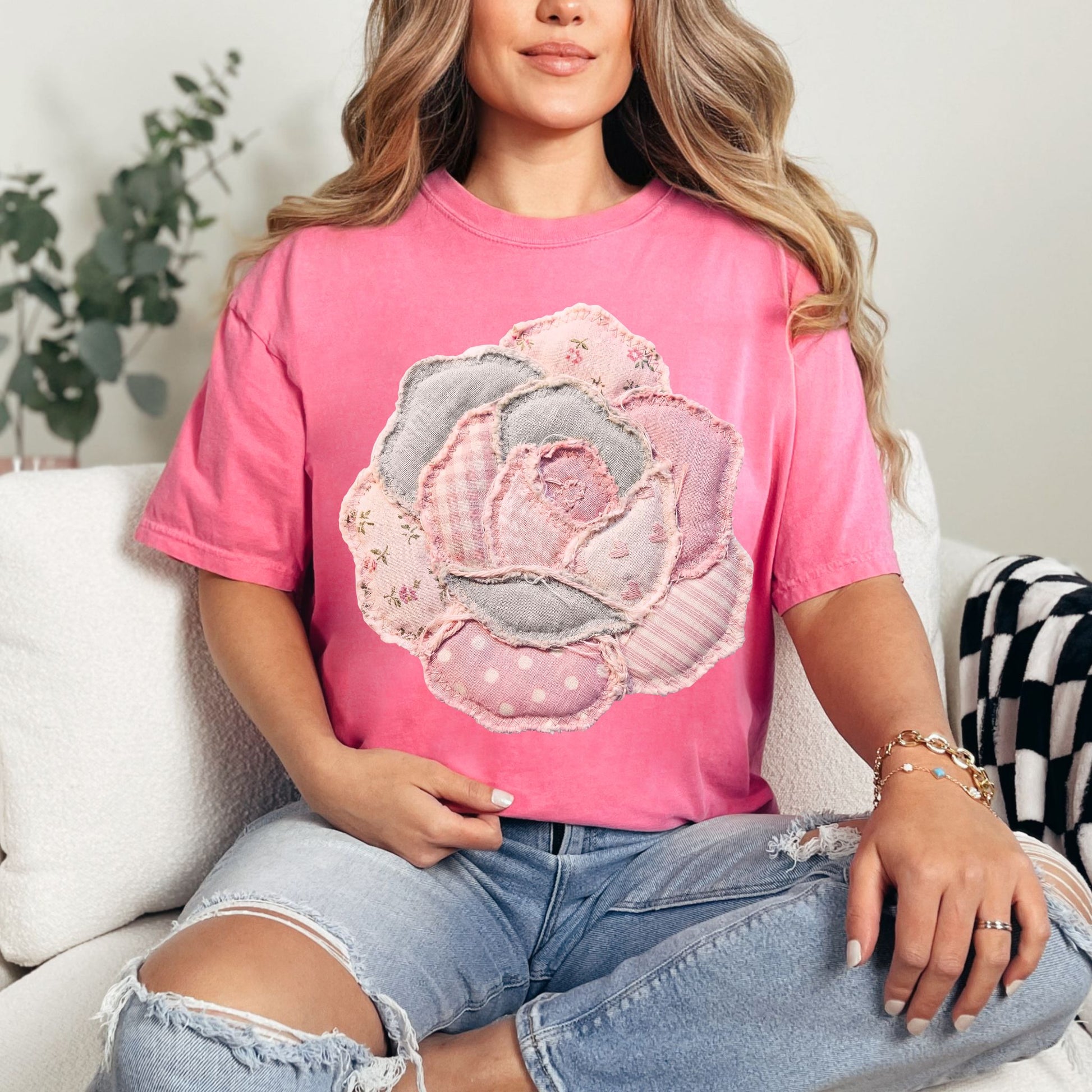 "Faux Patchwork Rose" graphic on bright raspberry pink (crunchberry)  T-Shirt.