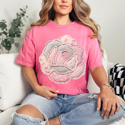 "Faux Patchwork Rose" graphic on bright raspberry pink (crunchberry)  T-Shirt.