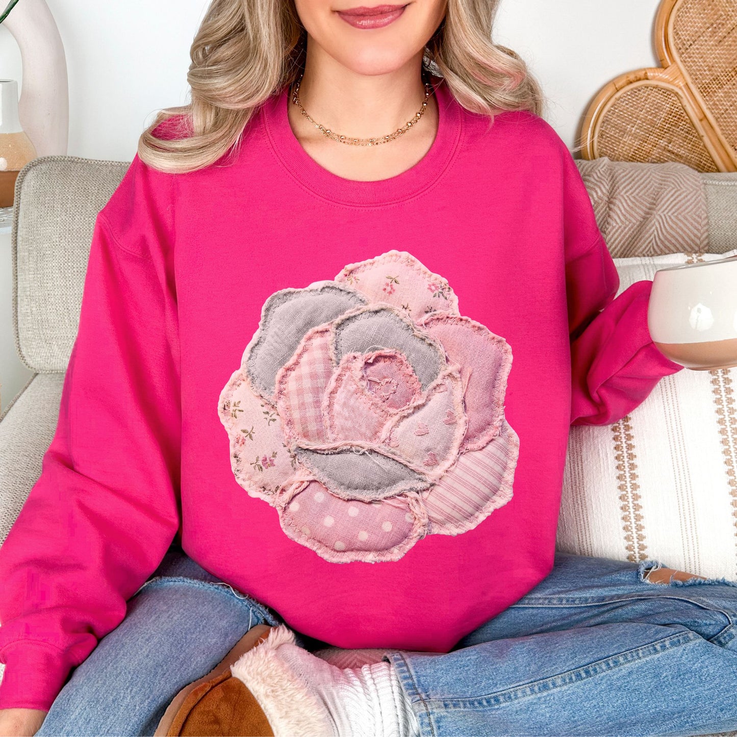 "Faux Patchwork Rose" graphic on very bright pink (heliconia) Sweatshirt.