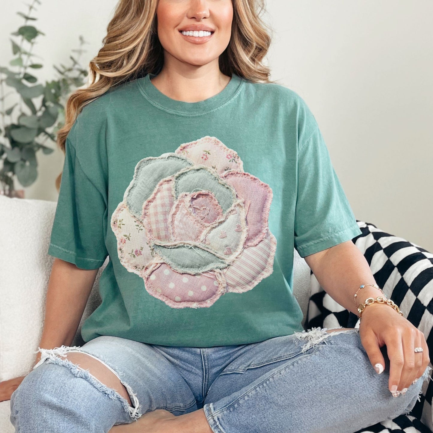 "Faux Patchwork Rose" graphic on soft light green (light green) T-Shirt.
