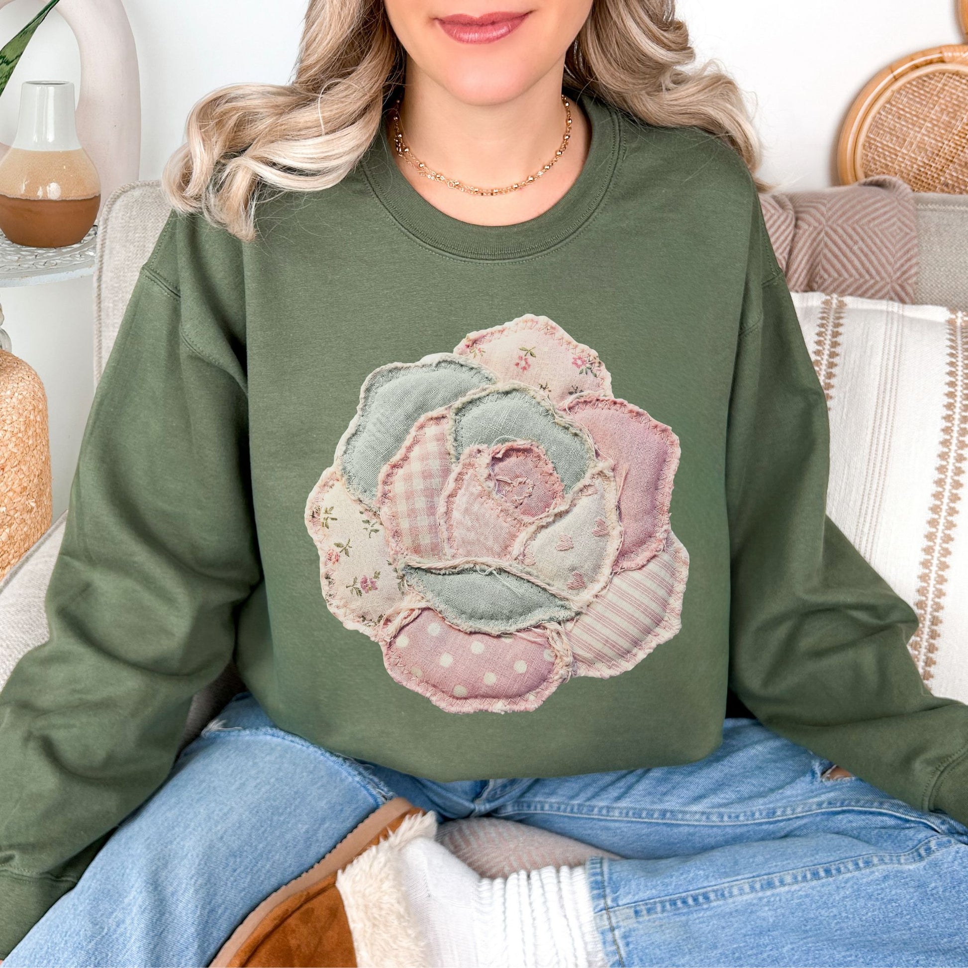 "Faux Patchwork Rose" graphic on muted olive green (military green) Sweatshirt.