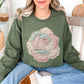 "Faux Patchwork Rose" graphic on muted olive green (military green) Sweatshirt.