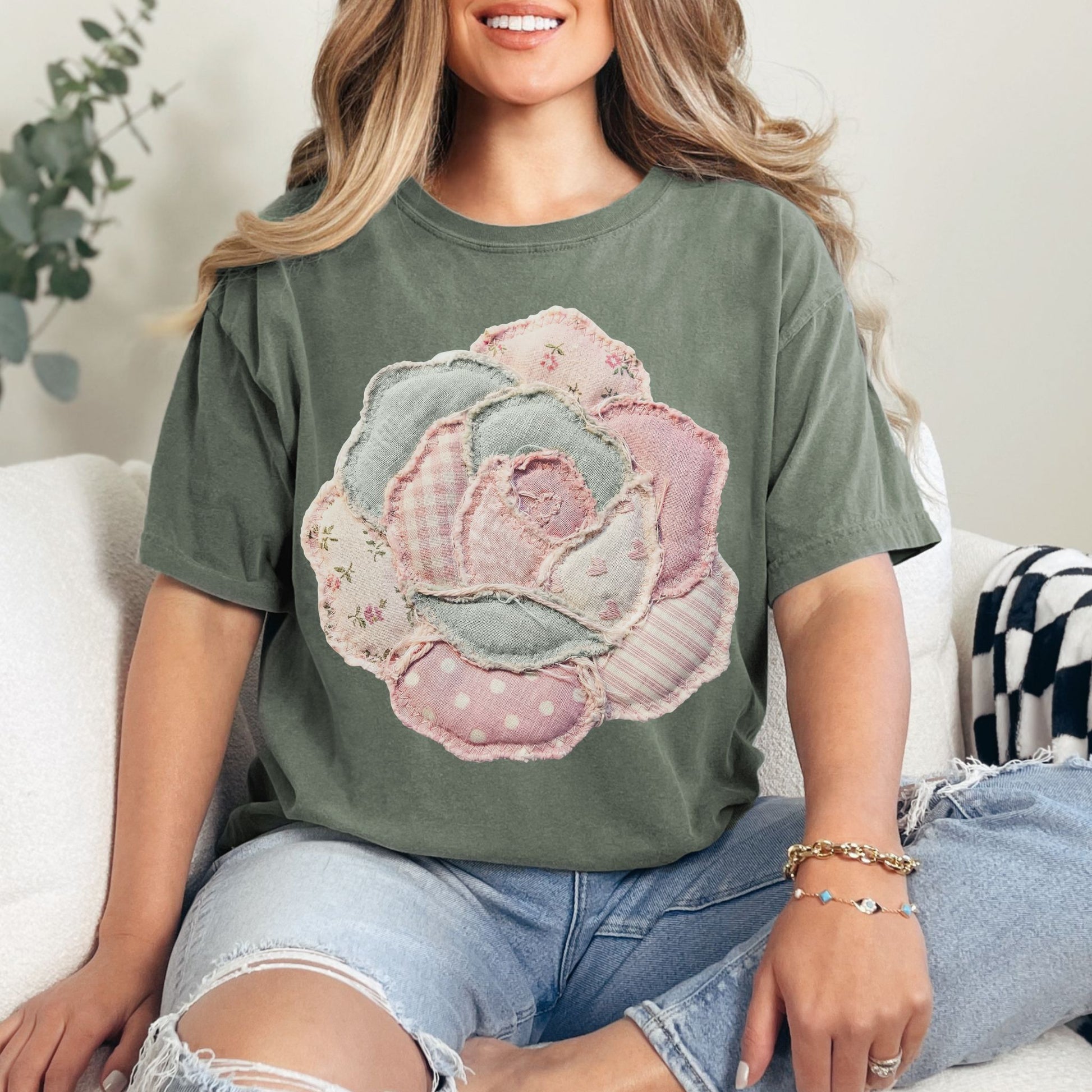 "Faux Patchwork Rose" graphic on muted earthy green (moss) T-Shirt.