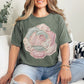 "Faux Patchwork Rose" graphic on muted earthy green (moss) T-Shirt.
