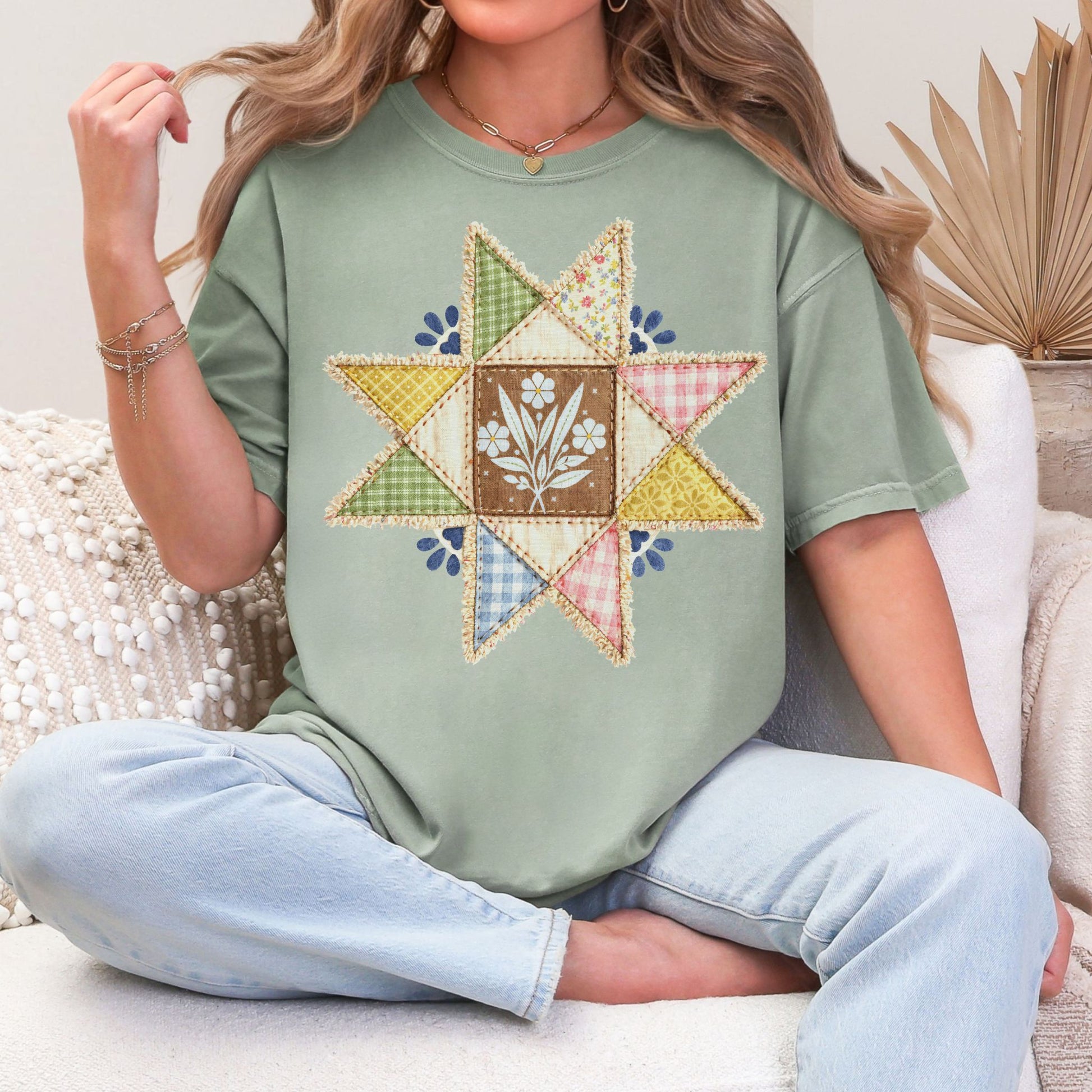 "Faux quilted Star" graphic on a muted teal-green (bay) T- Shirt.