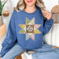 “Faux quilted Star" graphic on rich medium-dark blue (indigo blue) Sweatshirt