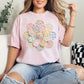 "Faux Spring Patchwork Flower" on soft pink (blossom) T-shirt.