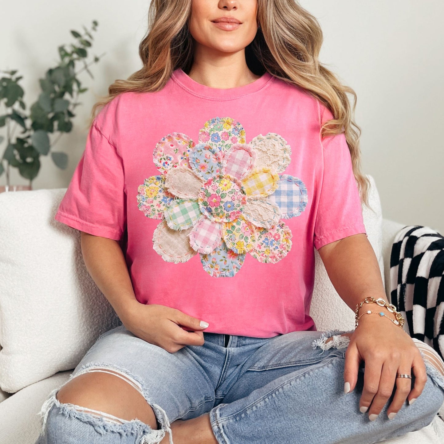 "Faux Spring Patchwork Flower" on bright raspberry pink (crunchberry) T-shirt.