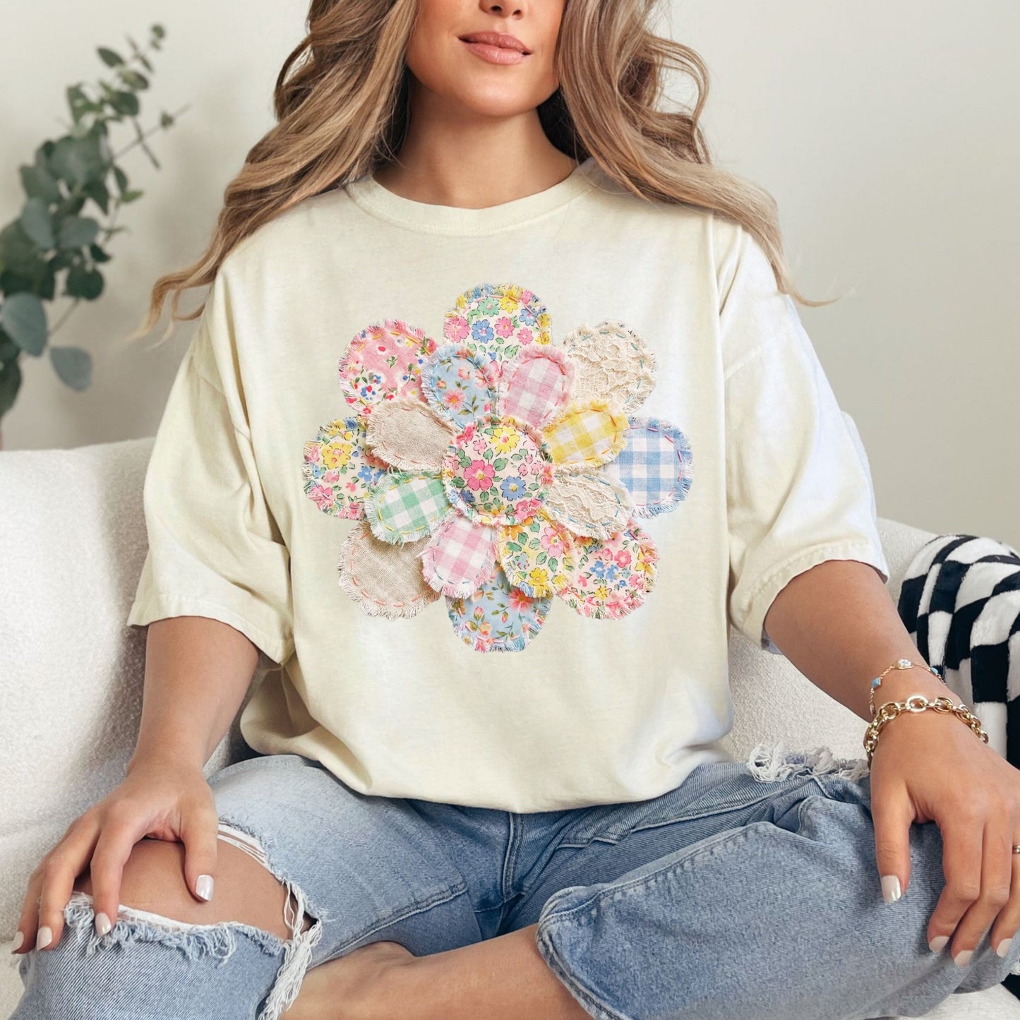 "Faux Spring Patchwork Flower" on soft off-white (ivory) T-shirt.