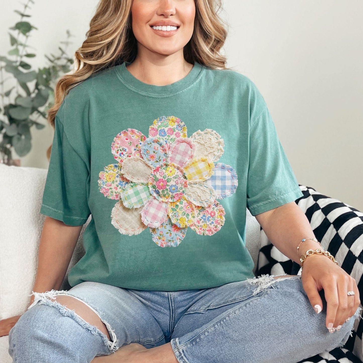 "Faux Spring Patchwork Flower" on soft light green (light green) T-shirt.