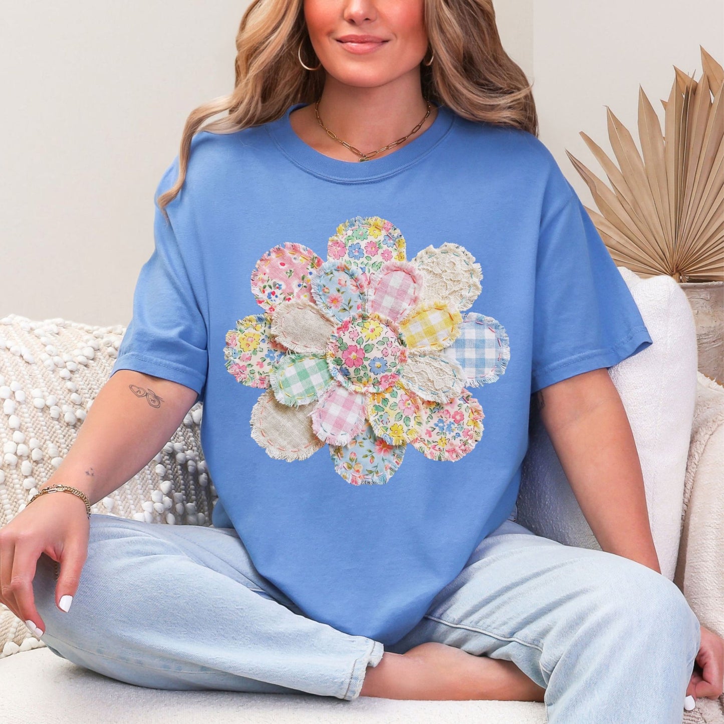 "Faux Spring Patchwork Flower" on muted blue-green (mystic blue) T-shirt.
