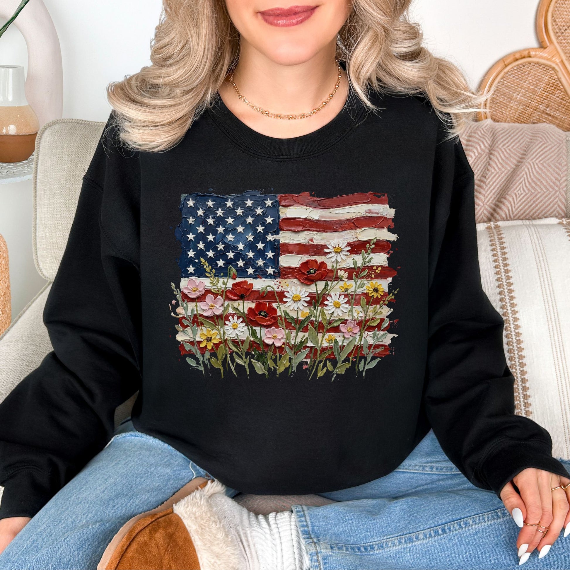 "Floral American Flag Faux Paint" on a black Sweatshirt.