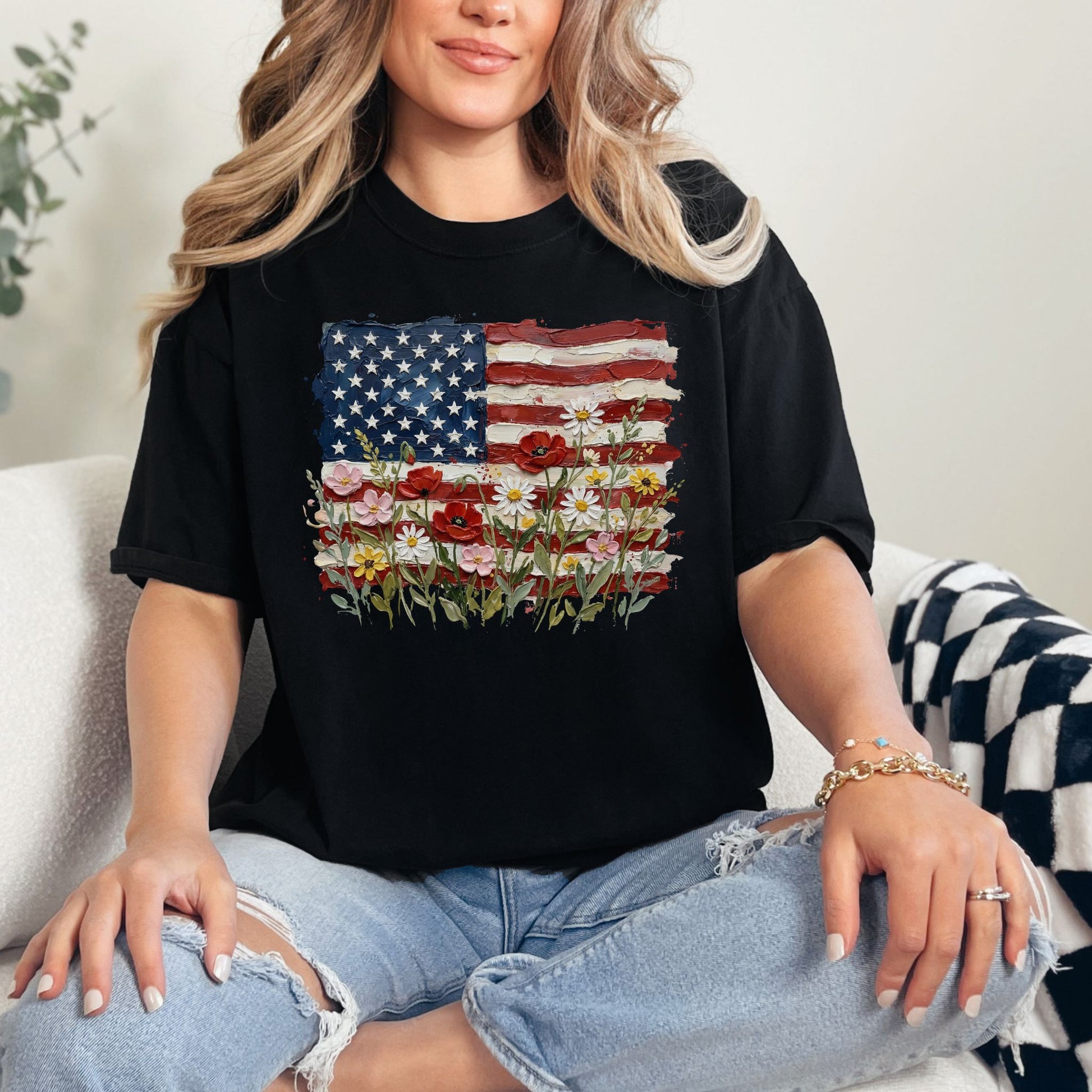 "Floral American Flag Faux Paint" on a black T-Shirt.