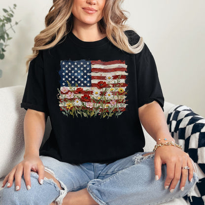 "Floral American Flag Faux Paint" on a black T-Shirt.