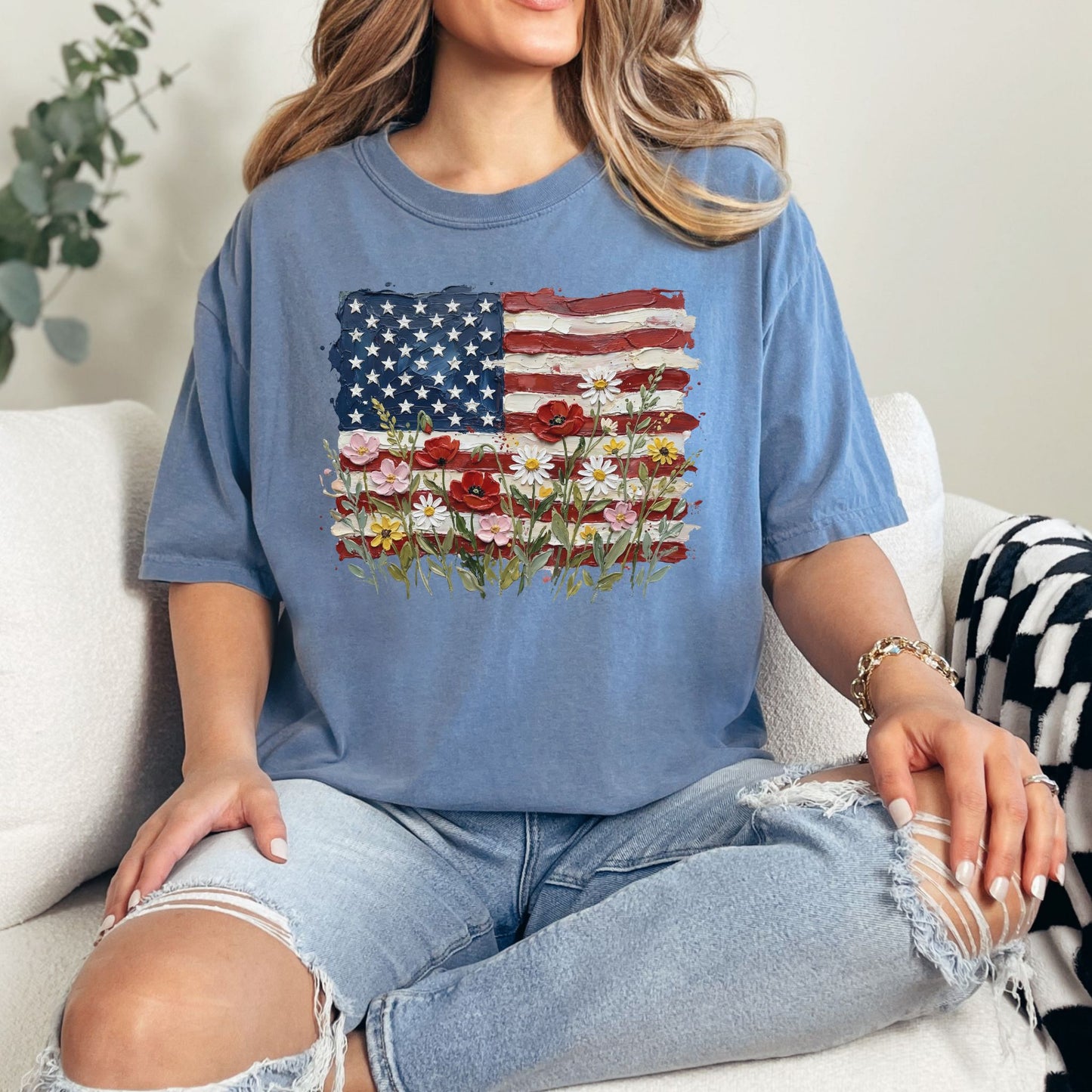 "Floral American Flag Faux Paint" on muted denim blue (blue jean) T-Shirt.