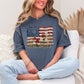 "Floral American Flag Faux Paint" on muted medium blue (denim) T-Shirt.