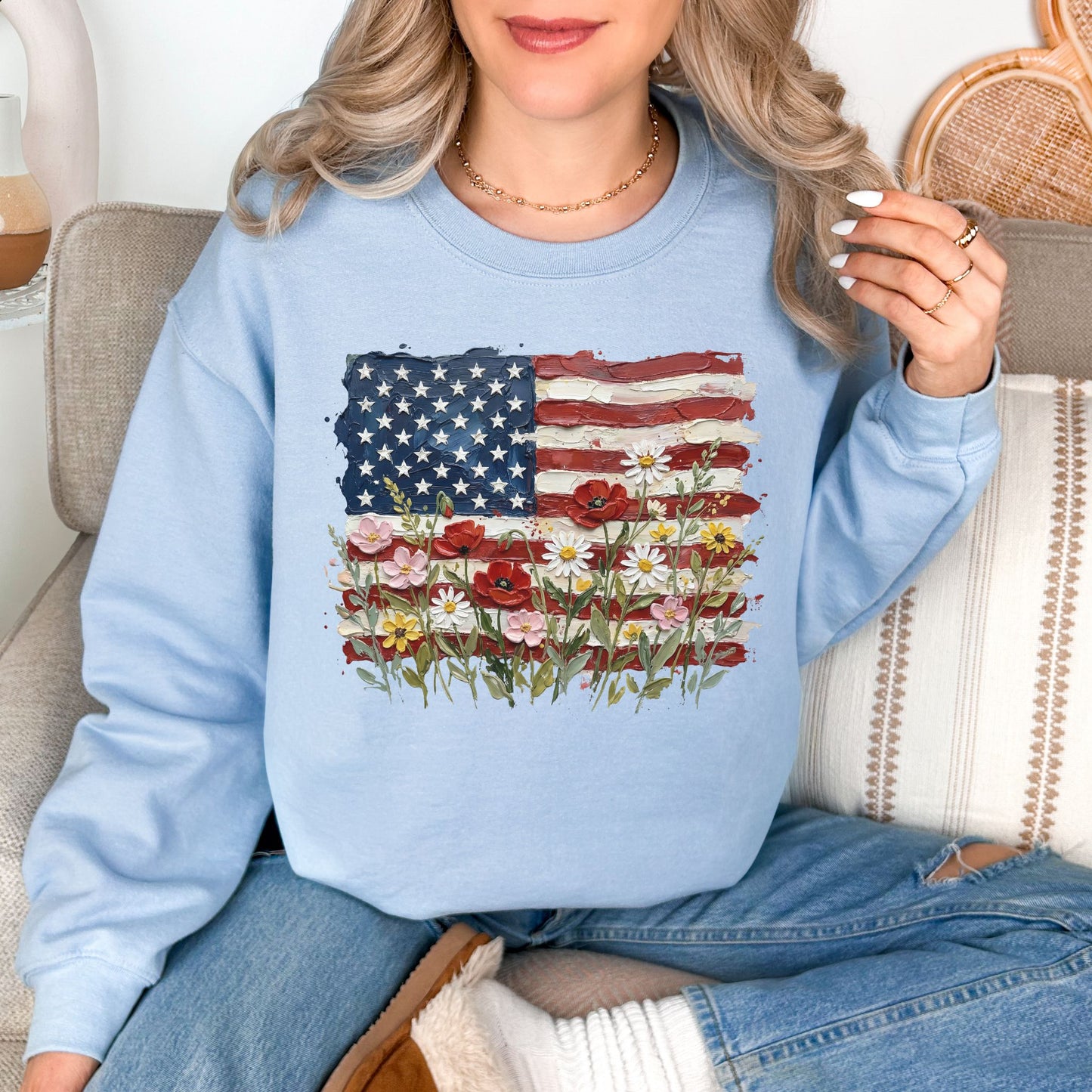 "Floral American Flag Faux Paint" on pale blue (light blue) Sweatshirt.