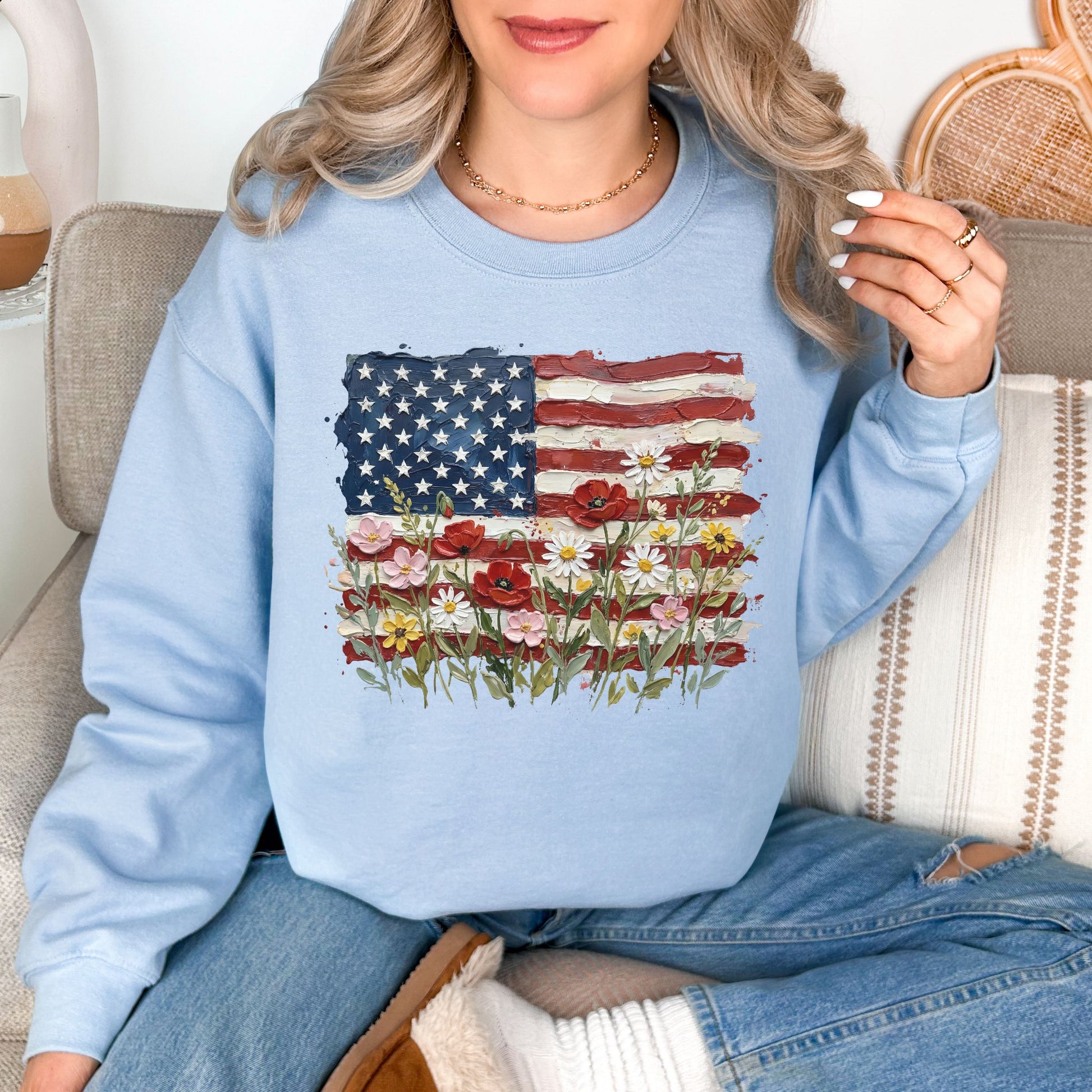 "Floral American Flag Faux Paint" on pale blue (light blue) Sweatshirt.