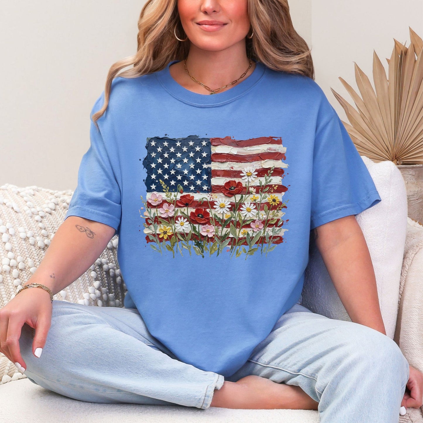 "Floral American Flag Faux Paint" on muted blue-green (mystic blue) T-Shirt.