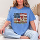 "Floral American Flag Faux Paint" on muted blue-green (mystic blue) T-Shirt.