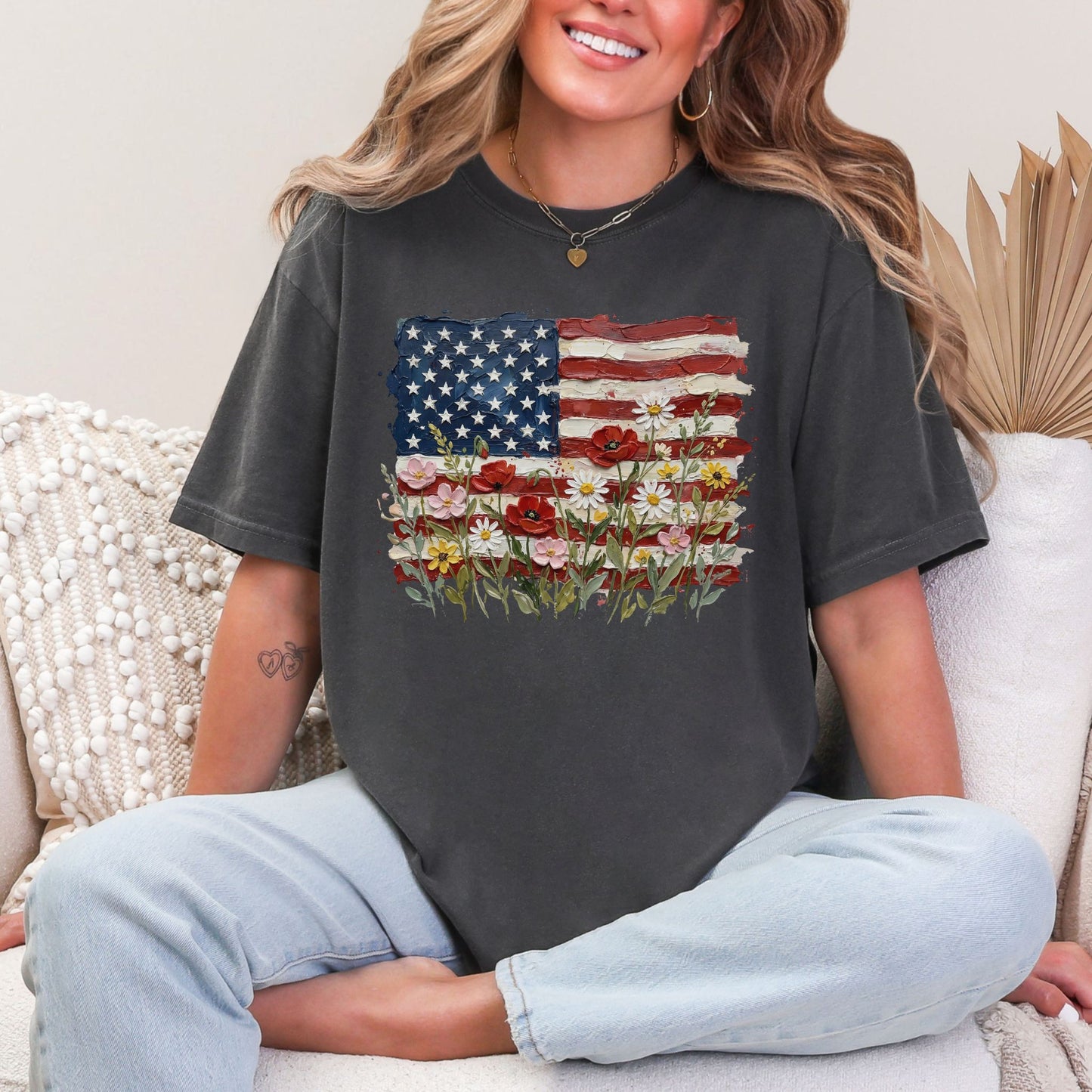 "Floral American Flag Faux Paint" on dark charcoal gray (pepper) T-Shirt.