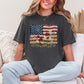 "Floral American Flag Faux Paint" on dark charcoal gray (pepper) T-Shirt.
