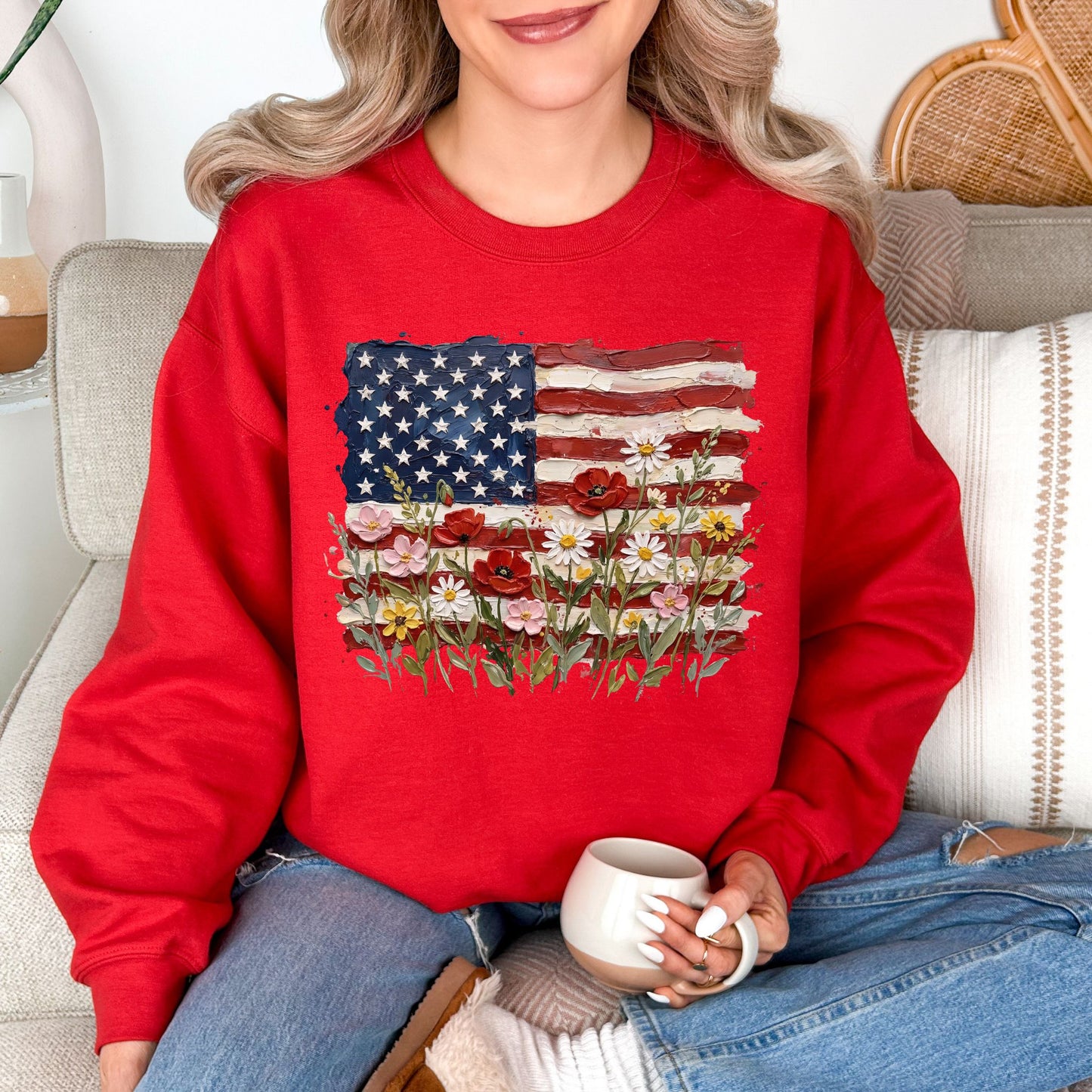 "Floral American Flag Faux Paint" on true red (red) Sweatshirt.