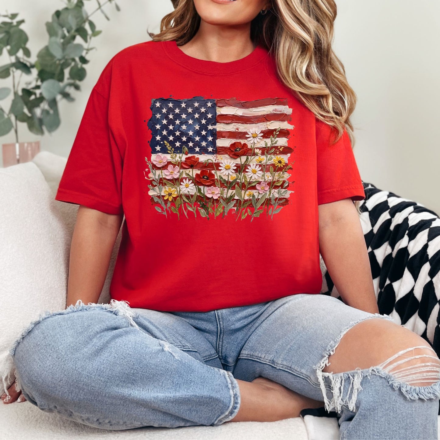 "Floral American Flag Faux Paint" on classic true red (red) T-Shirt.