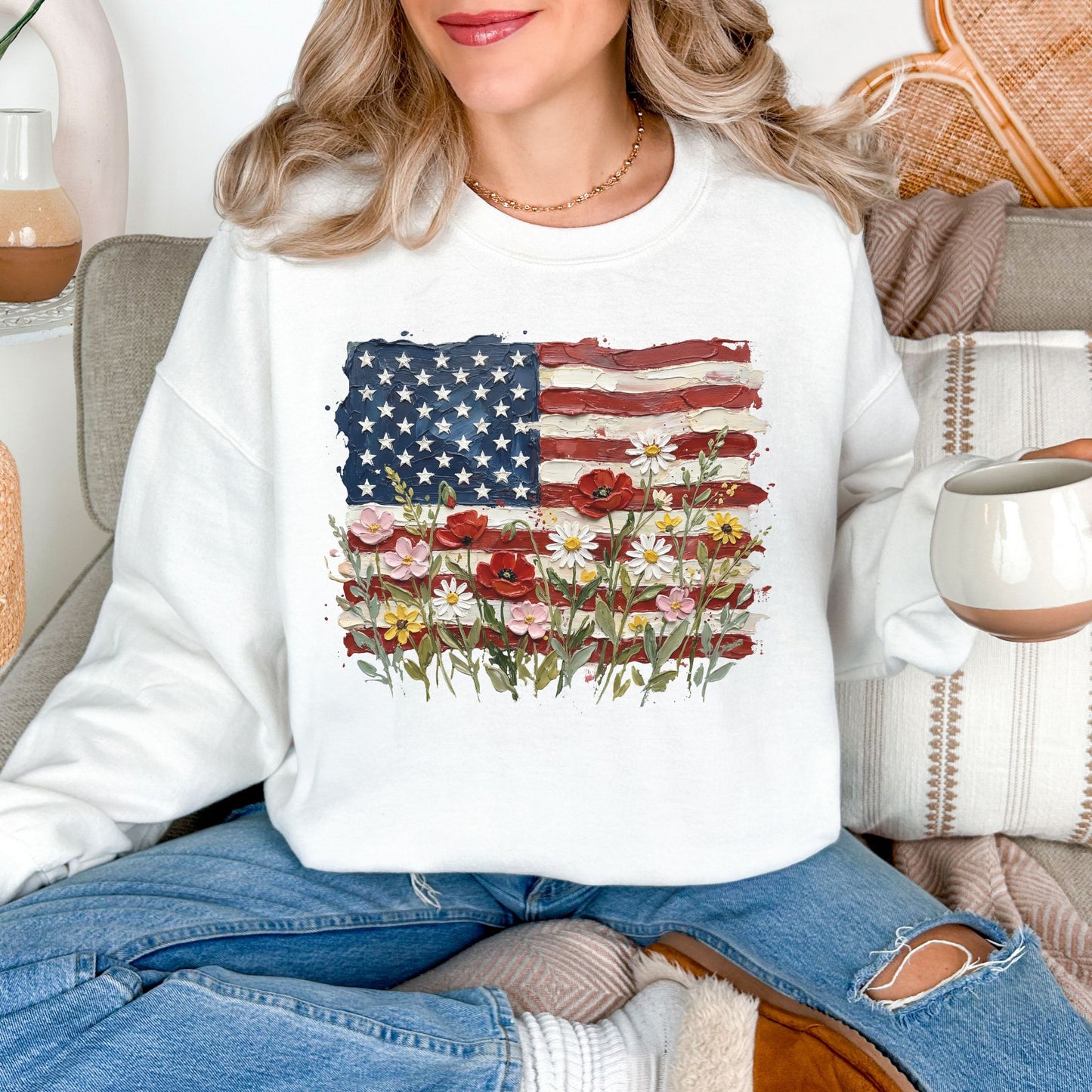 "Floral American Flag Faux Paint" on bright white (white) Sweatshirt.