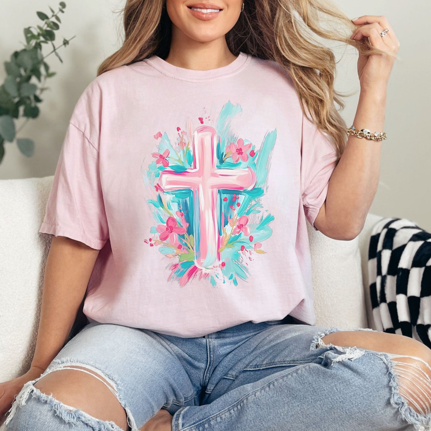 "Floral Pink Cross" graphic on soft pink (blossom) T-Shirt.