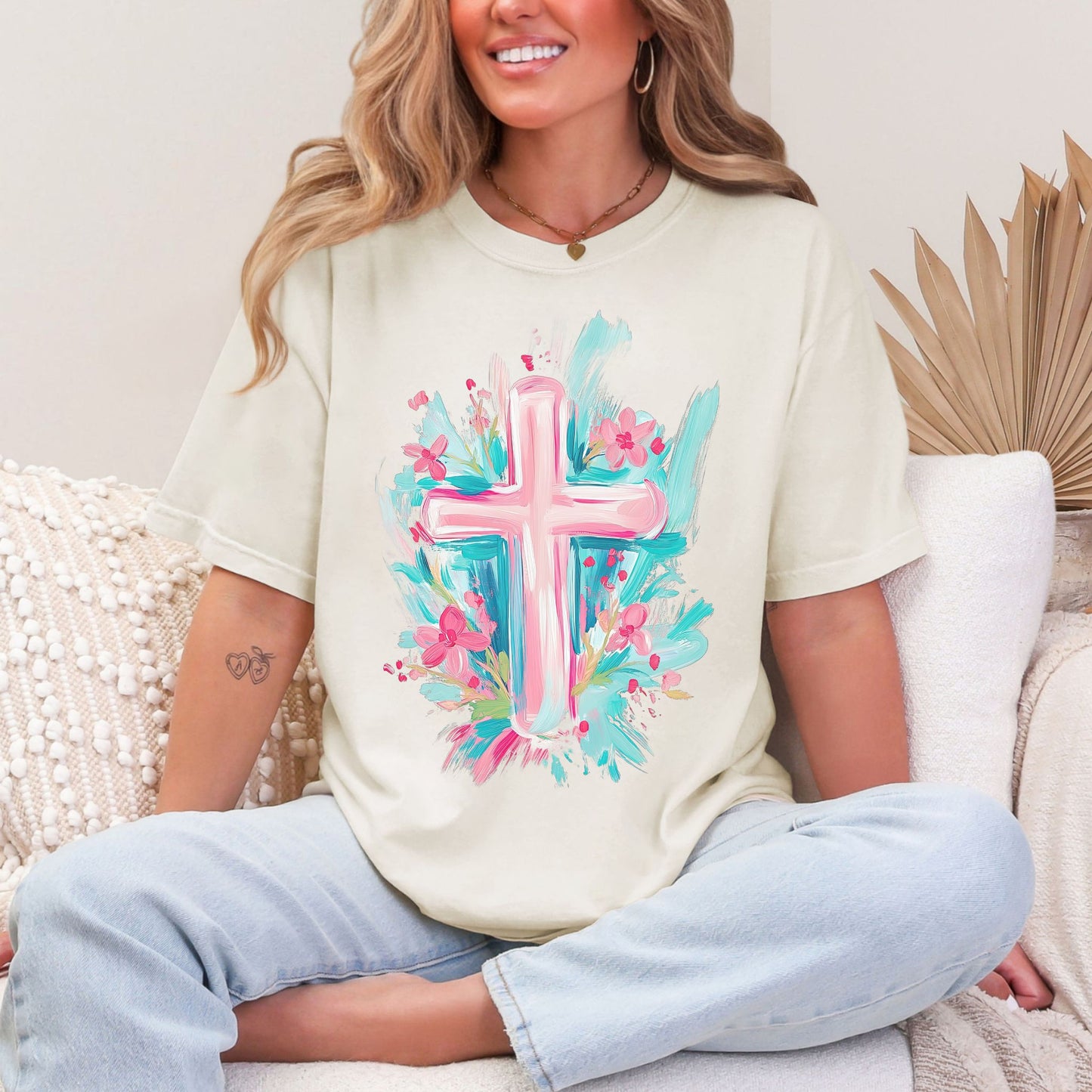 "Floral Pink Cross" graphic soft off-white (ivory) T-Shirt.