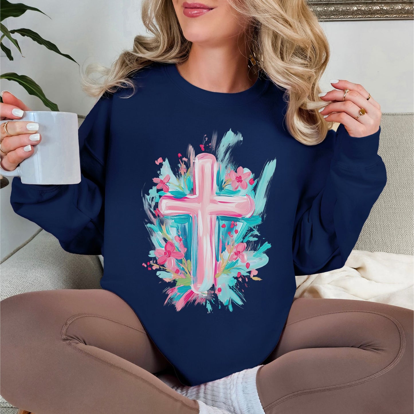 Floral Pink Cross graphic on deep navy blue (navy) Sweatshirt.