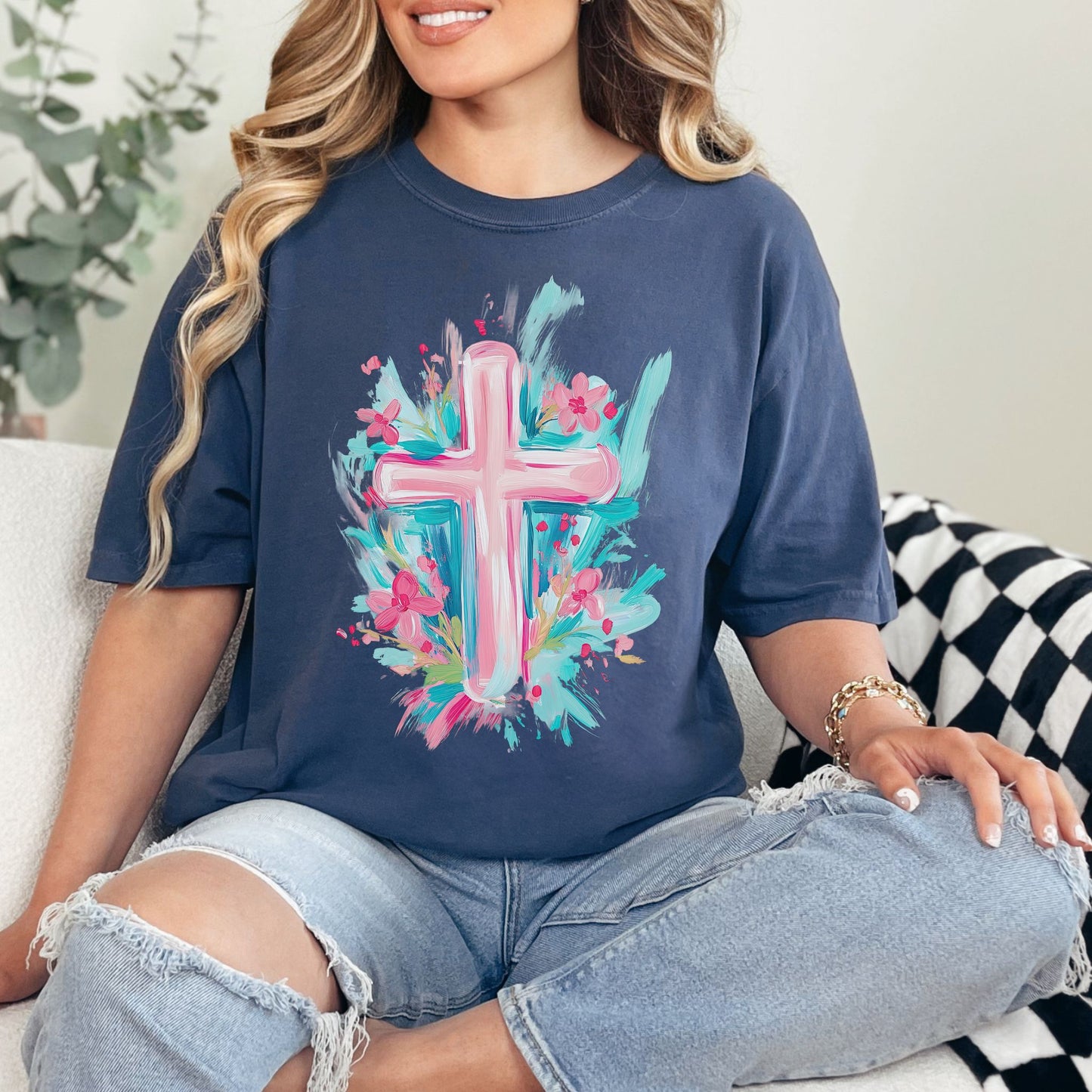 "Floral Pink Cross" graphic on deep navy blue (navy) T-Shirt.