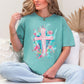 "Floral Pink Cross" graphic soft pale mint green (seafoam) T-Shirt.