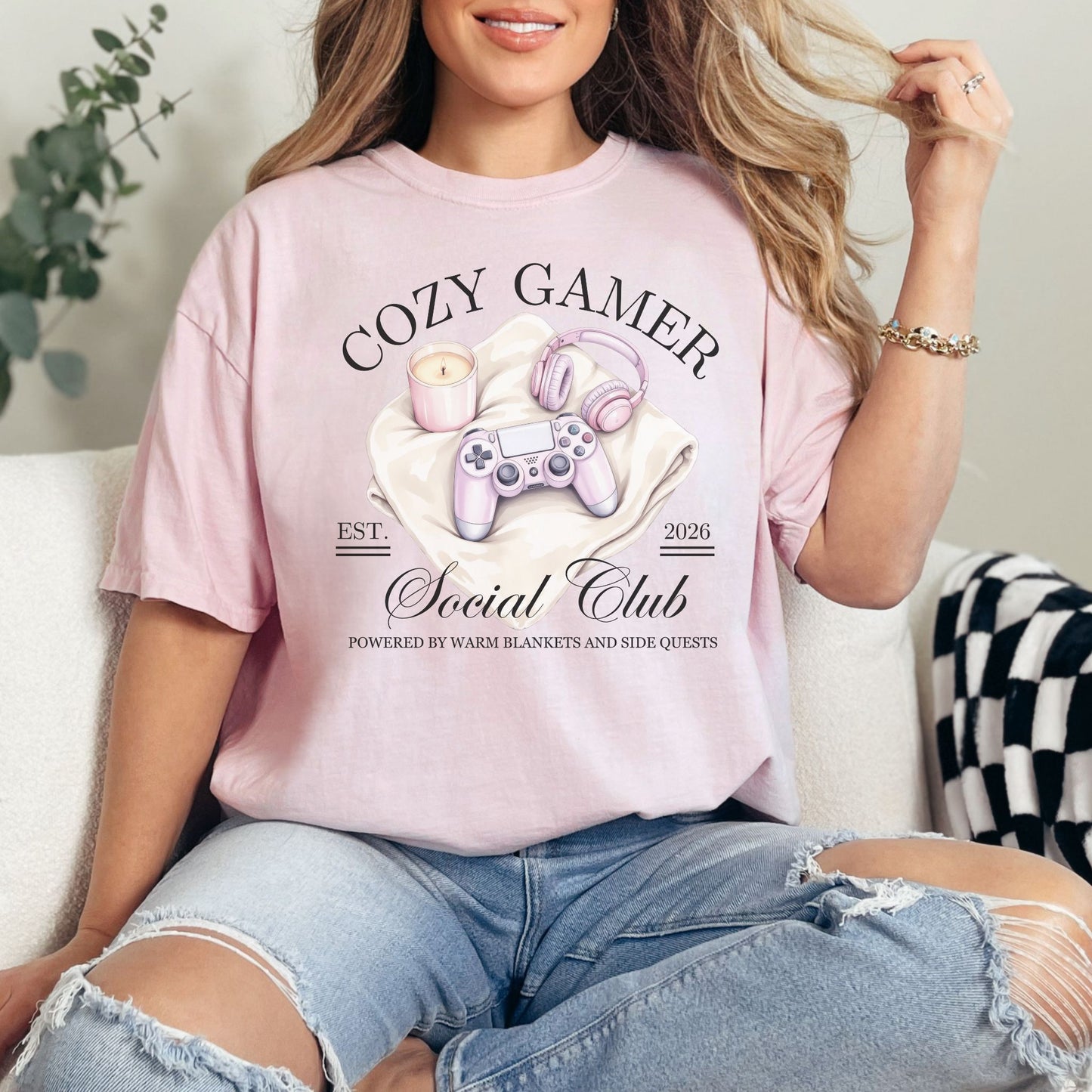 “Gamer Social Club" graphic on soft pink (blossom) t-shirt.