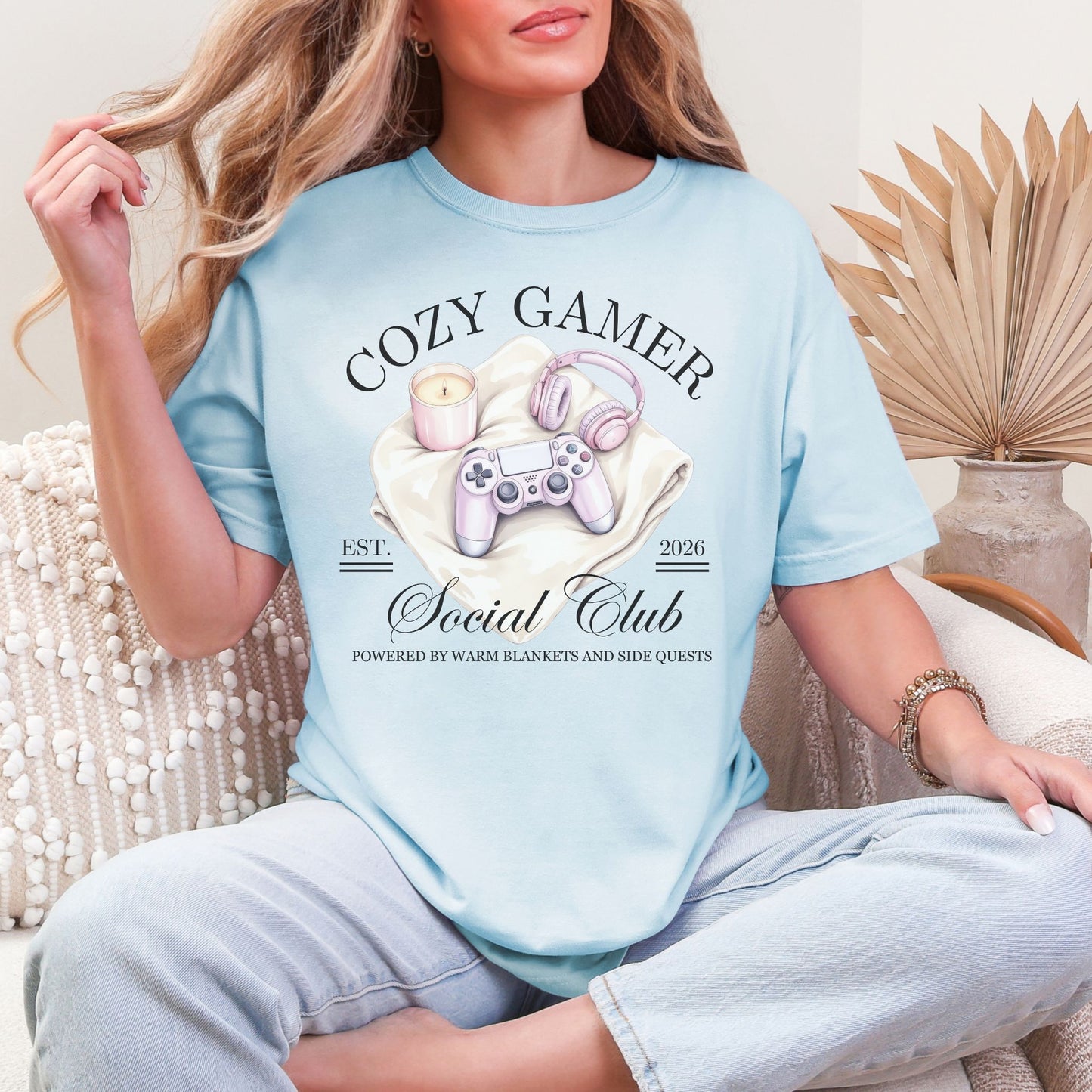 “Gamer Social Club" graphic on soft medium blue (chambray)  t-shirt.